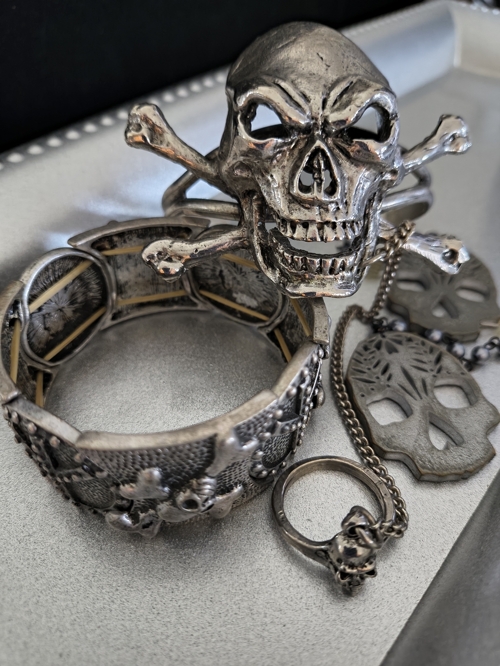 Dark Romance Slave Bracelet , Earrings* Stretch Skull Set *LUXURY GOTH
